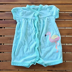 Carter's Teal White Stripped Baby Girl Flamingo Cotton Romper 3M